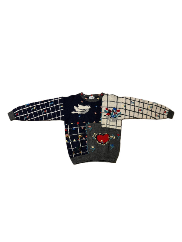 VINTAGE HAND KNIT SUSANN D CHRISTMAS SWEATER RED IVORY WOOL