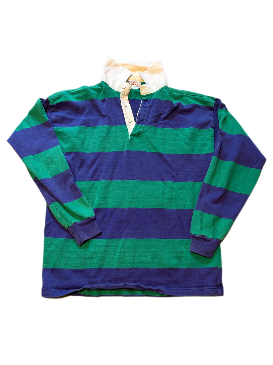 VINTAGE RUGGED WEAR PURPLE AND GREEN STRIPED COTTON RUGBY SHIRT