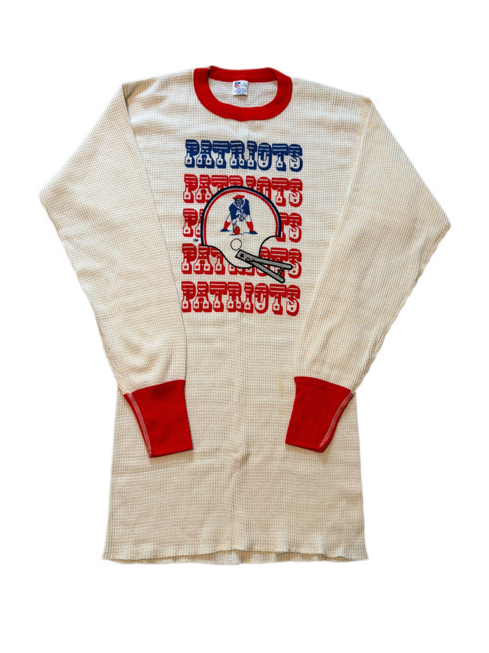 1970'S VINTAGE NEW ENGLAND PATRIOTS THERMAL WAFFLE THRASHED LONG SLEEVE SHIRT