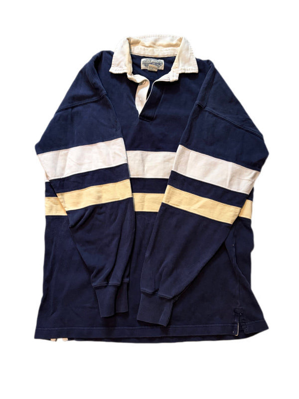 VINTAGE BRITCHES GREAT OUTDOORS NAVY WHITE YELLOW STRIPE RUGBY COLLARED SHIRT