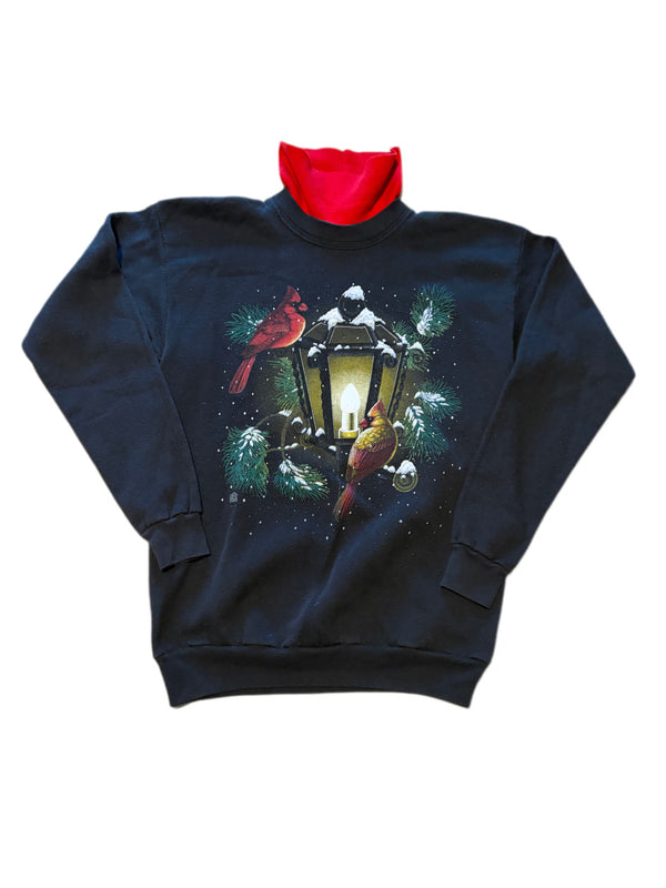 VINTAGE COTTON GROVE 1990'S UGLY CHRISTMAS LANTERN WITH CARDINALS BLACK SWEATER