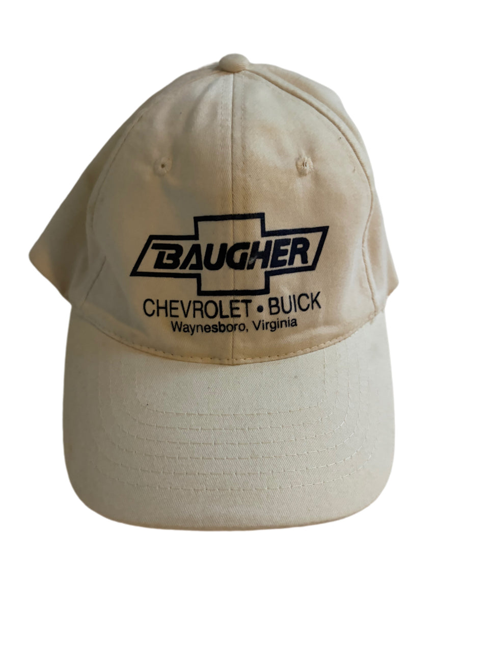 WHITE AND BEIGE BRANDED PROMOTIONAL BASEBALL CAP BAUGHER CHEVROLET BUICK WAYNESBORO VIRGINIA