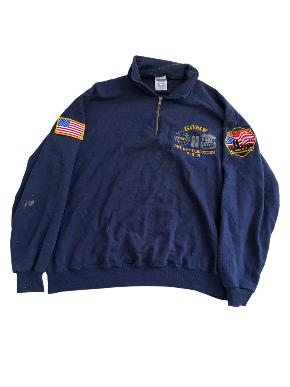 VINTAGE JERZEES 9-11 MEMORIAL PATCHED FDNY QUARTER ZIP SWEATER