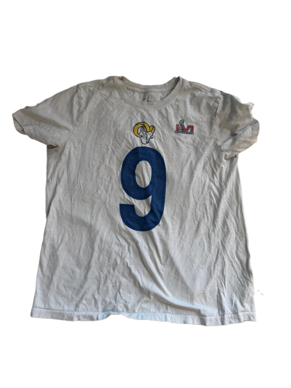 WHITE NIKE MATTHEW STAFFORD #9 LOS ANGELES RAMS SUPER BOWL LVI JERSEY SHIRT