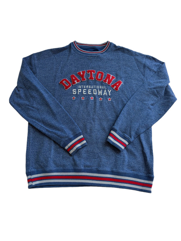 BLUE NASCAR DAYTONA INTERNATIONAL SPEEDWAY RED APPLIQUE EMBROIDERED STARS SWEATER