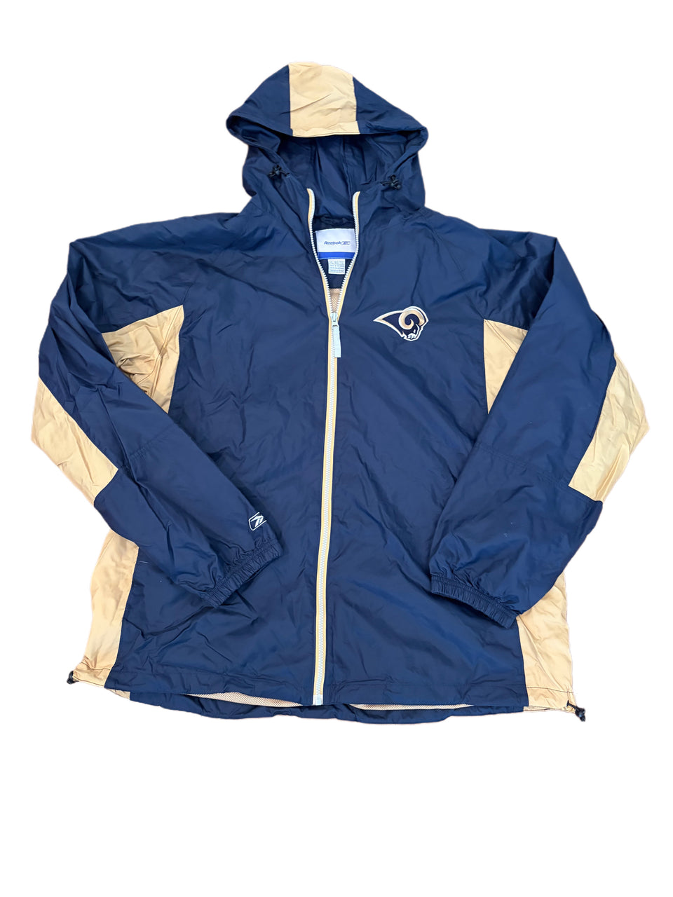 VINTAGE REEBOK ST. LOUIS RAMS GOLD SIDE PANELS FULL ZIP WINDBREAKER JACKET