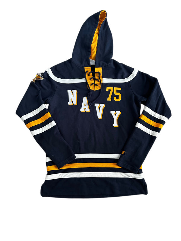 NAVY LACE UP COLLAR EMBROIDERED LOGO HOODIE