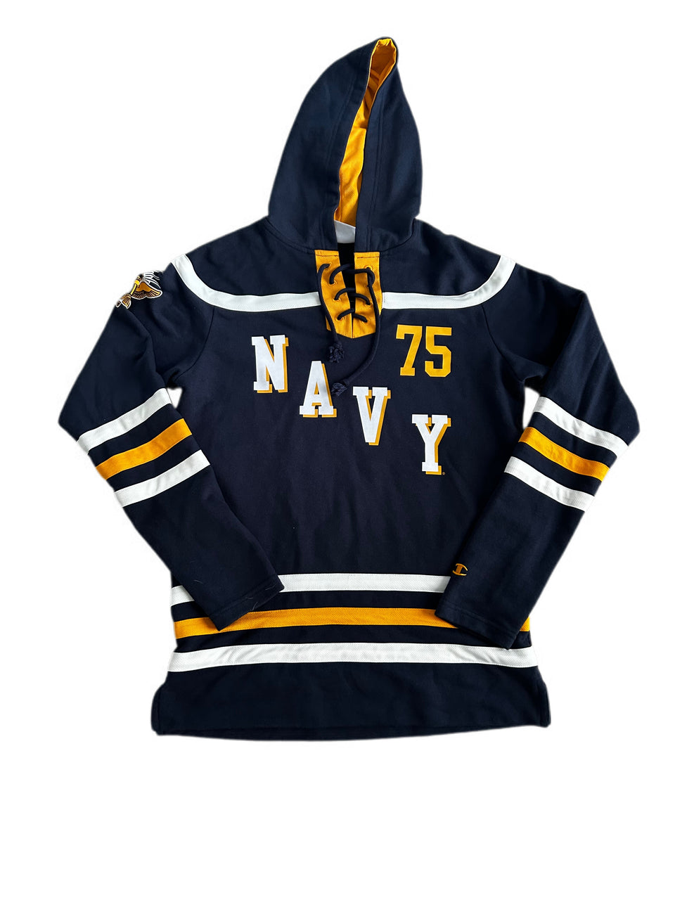 NAVY LACE UP COLLAR EMBROIDERED LOGO HOODIE