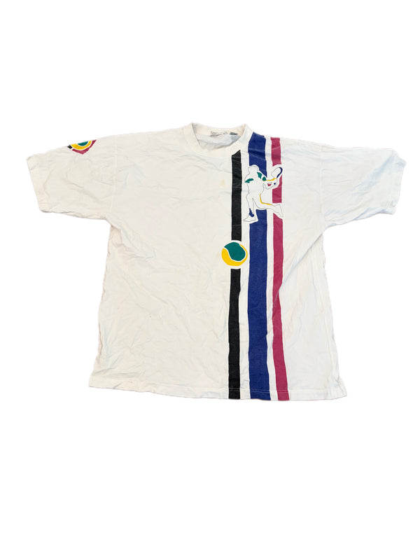 VINTAGE 90'S WHITE TENNIS PLAYERS VERTICAL STRIPES GRAPHIC SHIRT