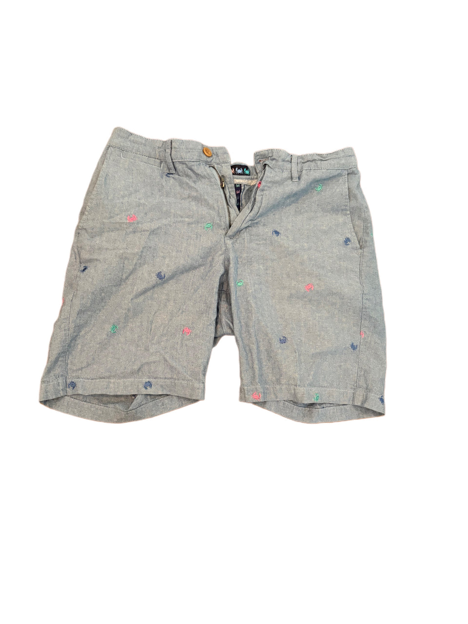 CHARLESTON THREADS EMBROIDERED CRAB PATTERN BLUE CHAMBRAY FABRIC SHORTS