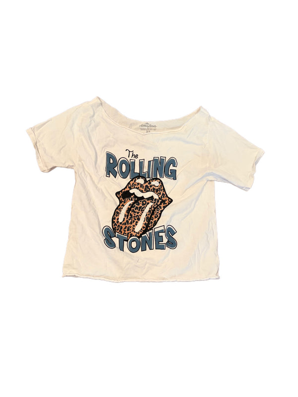 WOMEN'S CREAM COLORED RAW HEM LEOPARD PRINT ROLLING STONES LIP GRAPHIC SHIRT