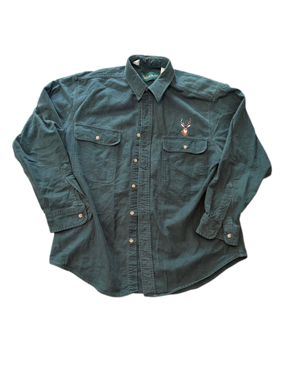 VINTAGE GARDEN MOUNTAIN EMBROIDERED GREEN DEER HUNTING HEAVY COTTON BUTTON DOWN SHIRT
