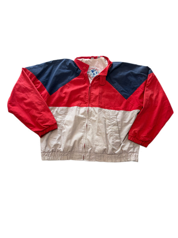 VINTAGE 1980'S MEMBERS ONLY COLORBLOCK RED WHITE BLUE PATTERN FULL ZIP WINDBREAKER JACKET