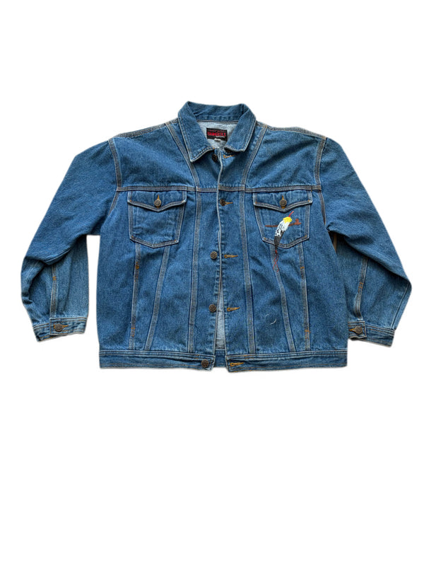 VINTAGE SUNBELT SPORTSWEAR HAND PAINTED SOUTHWESTERN NATIVE AMERICAN BEAR CLAW AND FEATHERS STYLE DENIM JACKET
