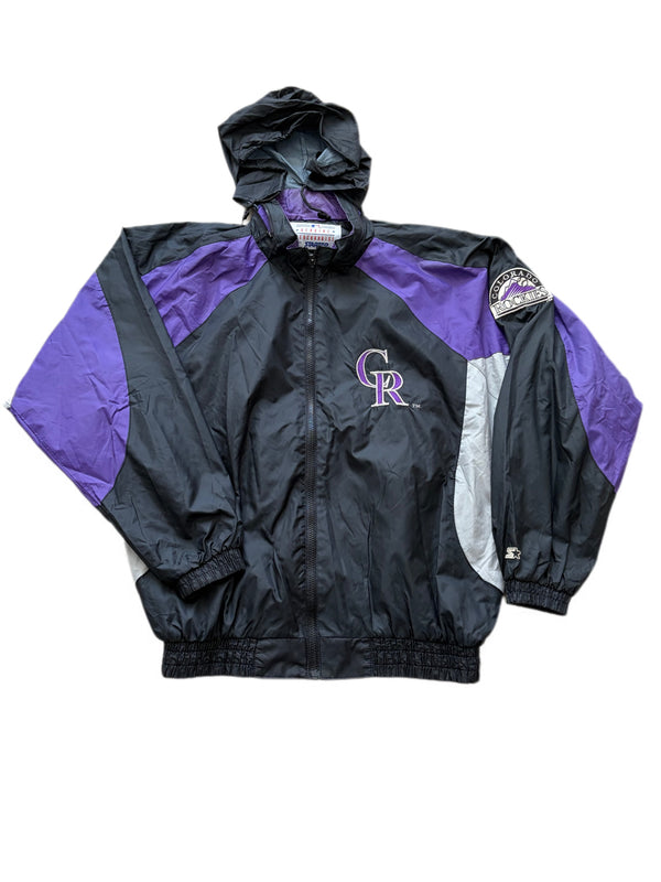 VINTAGE 1990'S STARTER COLORADO ROCKIES BLACK PURPLE WINDBREAKER HOODED JACKET
