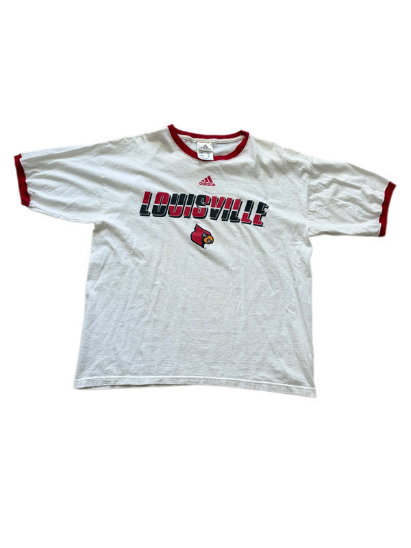 VINTAGE ADIDAS LOUISVILLE CARDINALS WHITE AND RED RINGER TEE