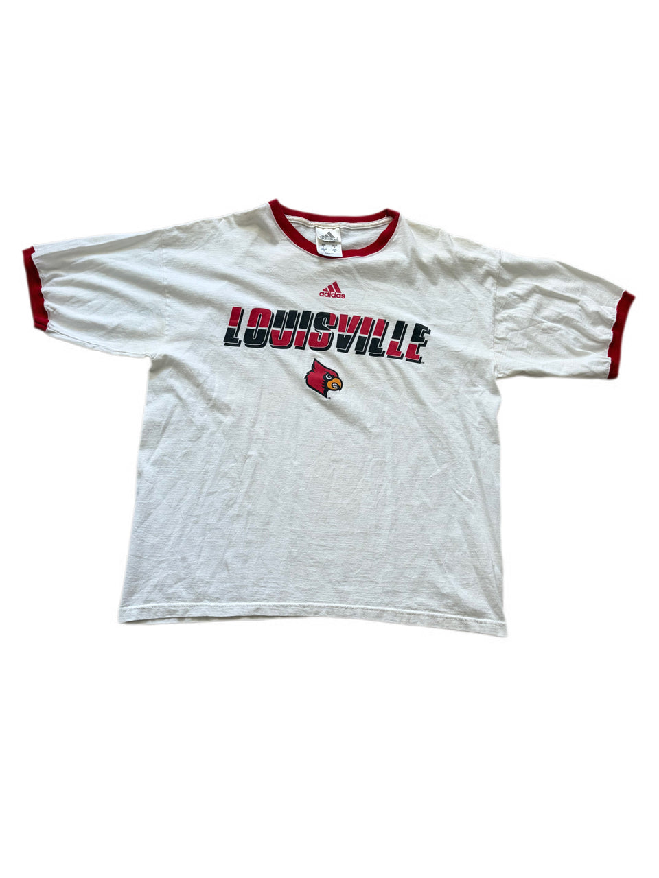 VINTAGE ADIDAS LOUISVILLE CARDINALS WHITE AND RED RINGER TEE