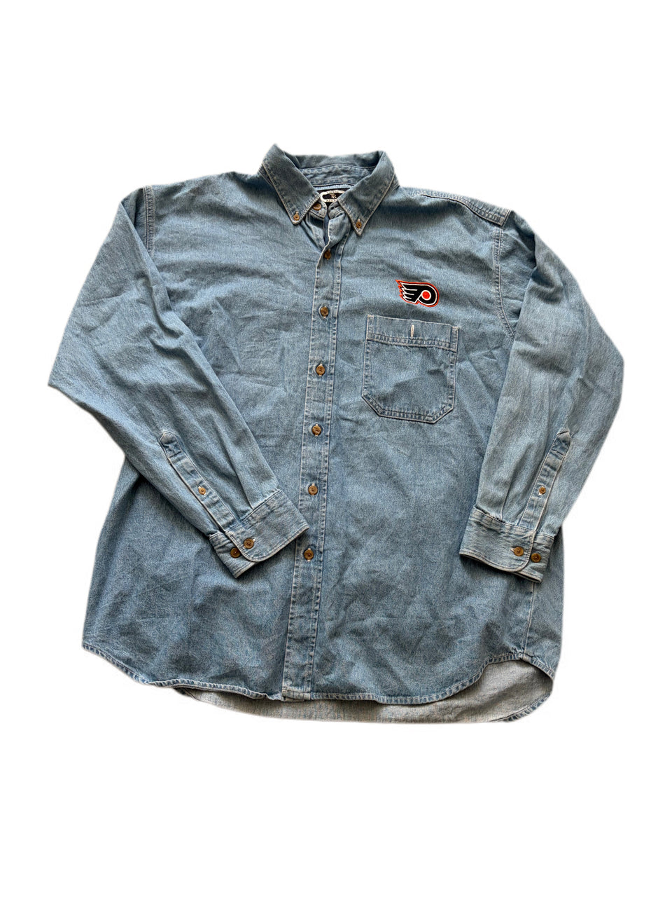 VINTAGE THREE RIVERS PHILADELPHIA FLYERS DENIM BUTTON UP LONG SLEEVE SHIRT