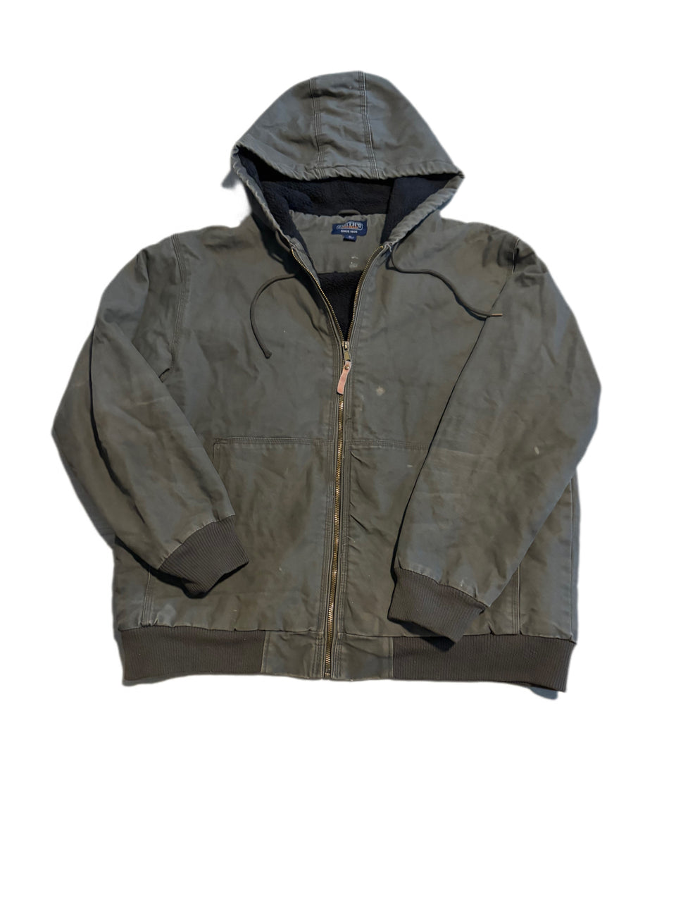 SMITHS WORKWEAR OLIVE DISTRESSED FLEECE LINED CANVAS BOMBER JACKET