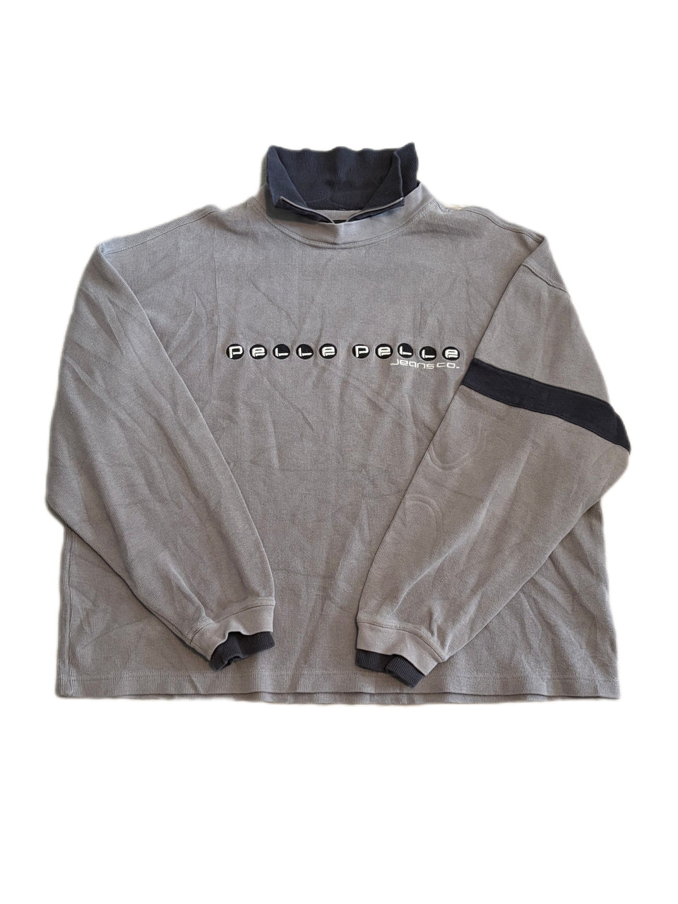 PELLE PELLE JEANS CO. GREY CORDUROY LONG SLEEVED TURTLENECK WITH BLACK COLLAR STRIPE ACCENT SHIRT