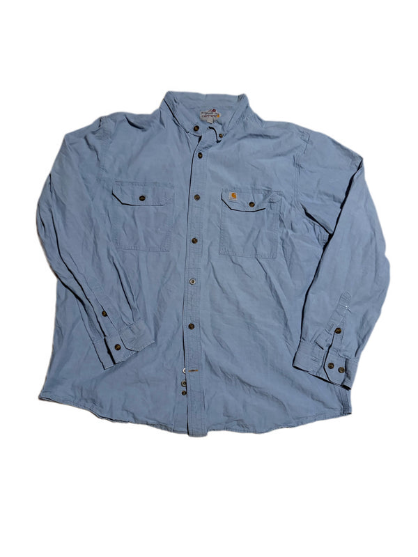 CARHARTT LOOSE FIT MIDWEIGHT CHAMBRAY LONG SLEEVE LIGHT BLUE COTTON BUTTON DOWN SHIRT