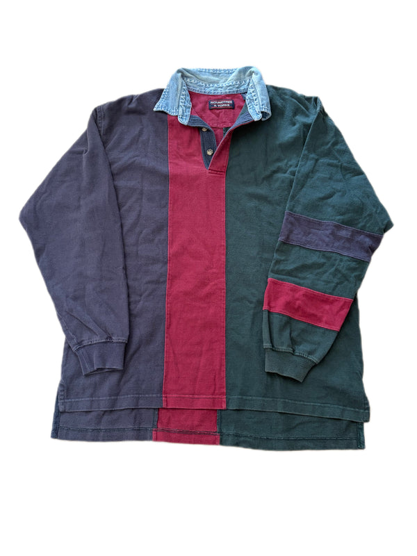 VINTAGE ROUNDTREE AND YORK STRIPED RUGBY DENIM COLLAR SHIRT