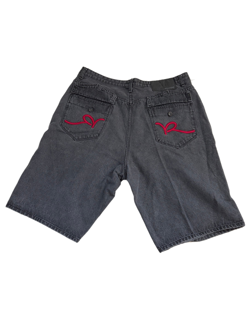 VINTAGE ROCAWEAR BLACK BAGGY DENIM EMBROIDERED SHORTS RED FLAP